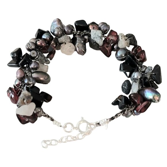 Sterling Silver Peacock Baroque Pearl Garnet Quart Cluster Bracelet, 7.5" L E541 - Picture 4 of 4